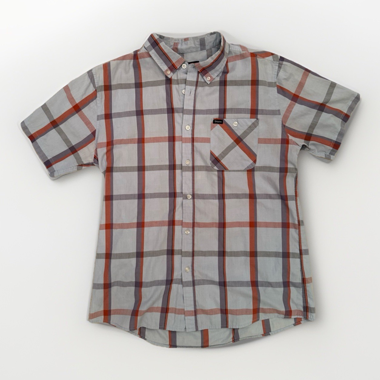 Brixton Men's Plaid Short Sleeve Button-Down Shirt Gray Red Purple Pocket Size L