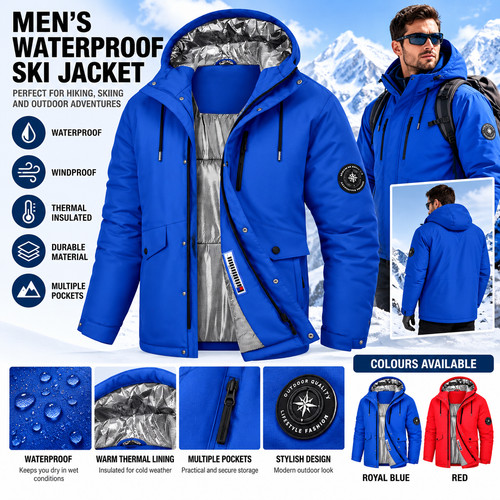 Men's Waterproof Ski Jacket – Thermal Winter Coat – Hooded – Blue – XL