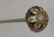 Antique Hatpin ~ Metal Sphere ~ Ornate Head Light Blue Paint ~ Antique Gold Tone