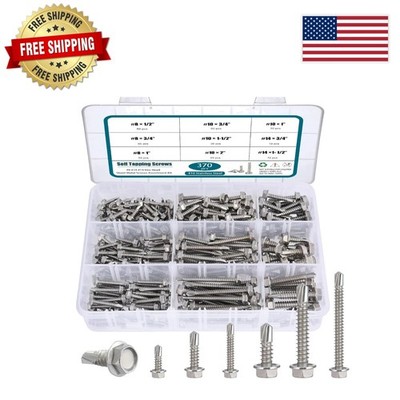 370pcs Assortment of Self-Drilling Stainless Steel Screws with Hex Washer Heads