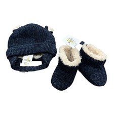 Baby GAP Sherpa Lined Bear Beanie And Booties Set, Blue, Size 0-3 Months, NEW