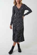 QED London Black and White Cut Out Tie Floral Midi Dress Size 8