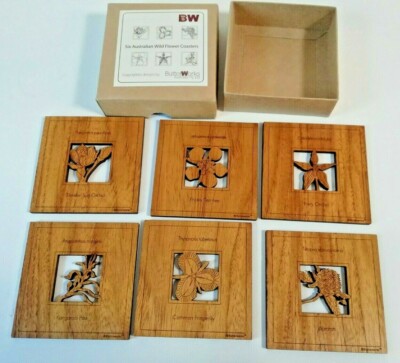 Set aus 6 australischen Wildblumen-Getränkeuntersetzern aus Rosenholz von Buttorworks