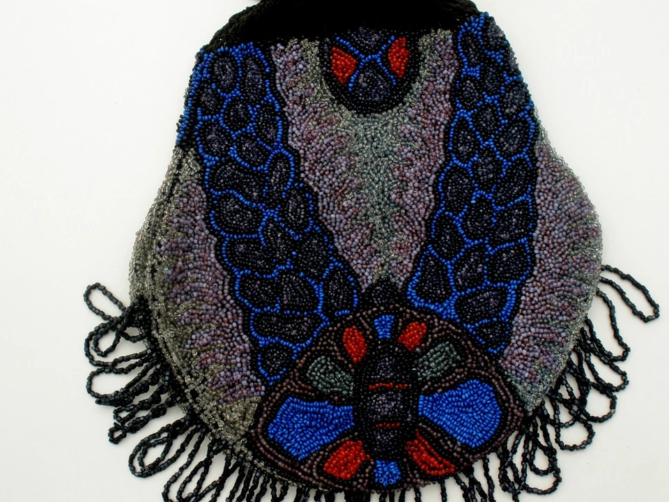 Art Nouveau Reticule Fringe Purse Drawstring Handbag Hand Beaded Bag Glass Beads - Image 3 of 4