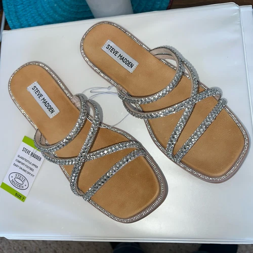 Steve Madden Women's SPICE Bling Square Open Toe Easy Slide-On Sandal size 9 NEW