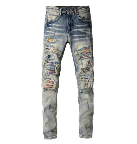 Men's Retro Blue Denim Jeans Stretch Ripped Casual Punk Hip Hop Ripped Pants New - Picture 2 of 15