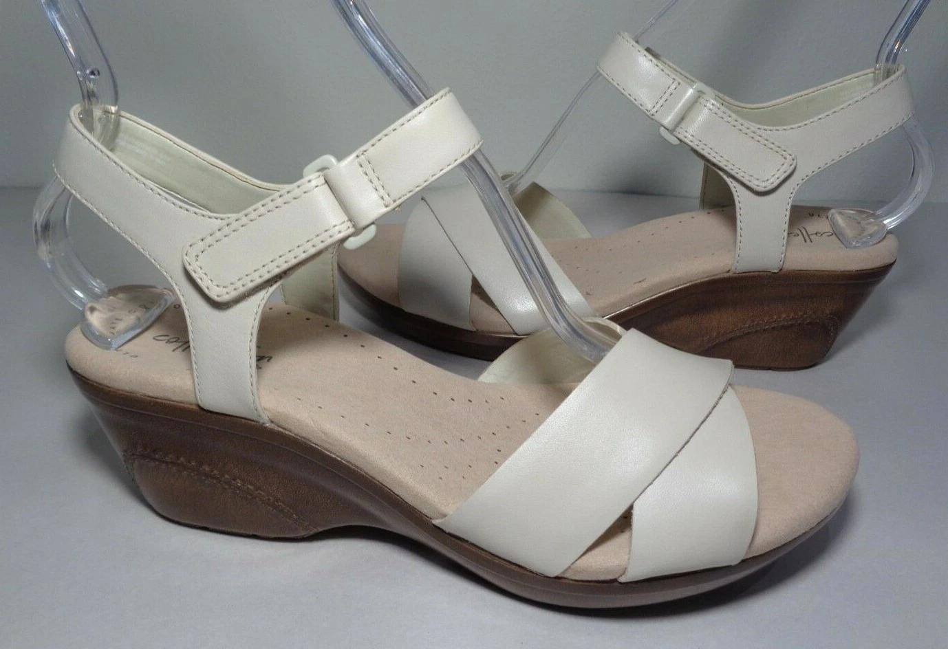 Sandali donna Clarks taglia 11 M LYNETTE DEB pelle avorio zeppa tacco nuovi