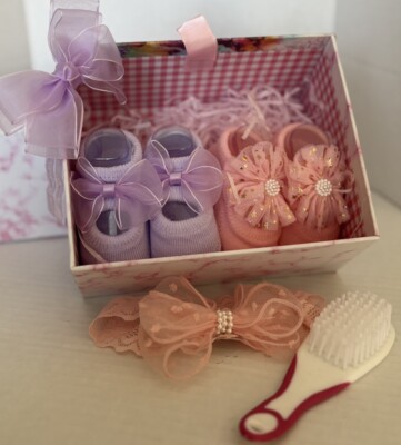 Baby Booties and Headband Brush Set 0-3 Months  Baby Shower/Newborn In Gift Box