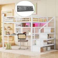 Full Size Metal Loft Bed with Built-in Desk, LED Light,Drawers & Wardrobe,White