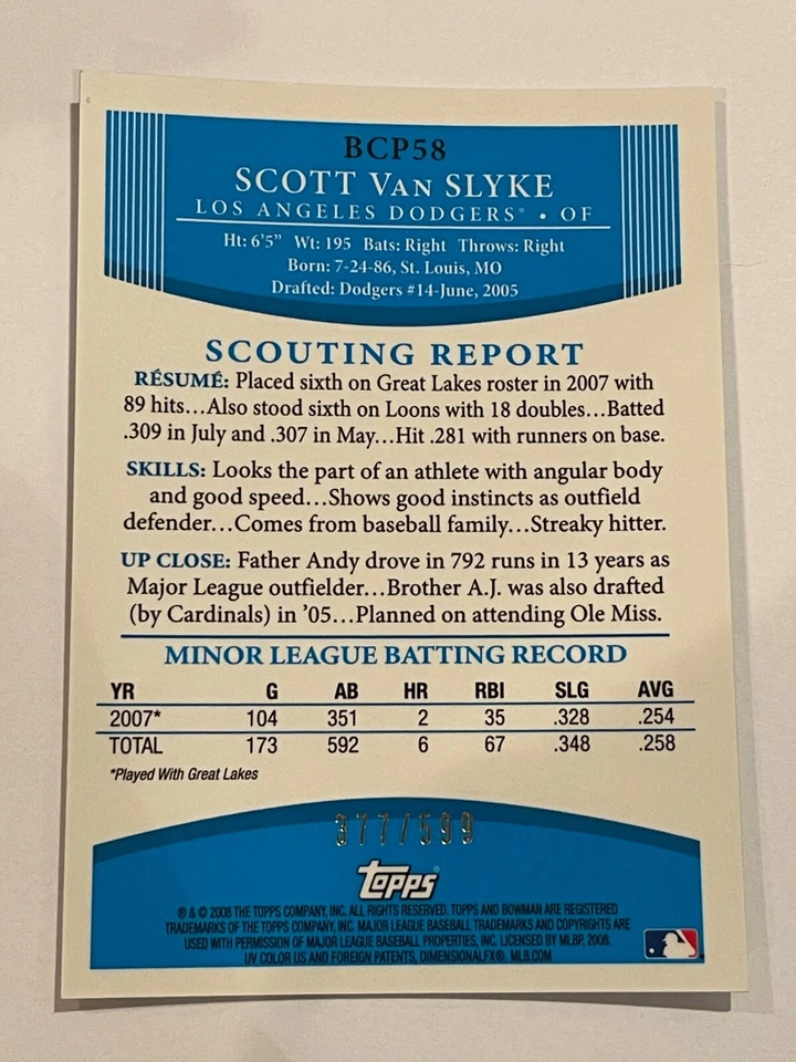 2008 Bowman Chrome Prospects Dodgers Scott Van Slyke 1st Refractor /599 #BCP58 - Image 2 of 2