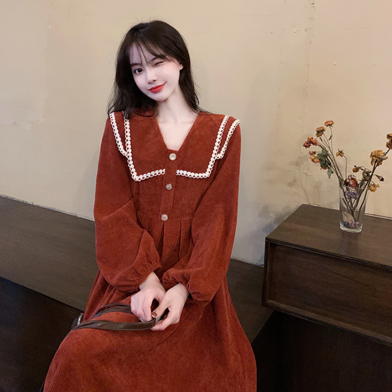 brown corduroy midi dress Women Puff Long Sleeve Retro V-neck Swing Loose Cute New Size:8-10 year with bow it flatters effortlessly while pleather dress calvin klein sheath: Dresses