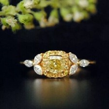 Halo Engagement Women Ring 2Ct Cushion Cut Simulated Citrine 925 Silver