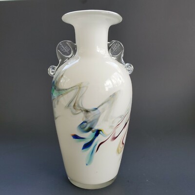 Snowflakes China Art Glass Vase White w/ Blue Orange Gray Swirl 8'' Hand Blown 