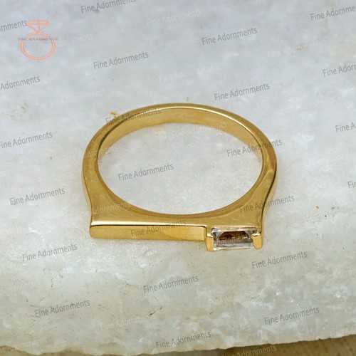 Solid 14k Yellow Gold Bar Ring Statement Natural Baguette Diamond Fine Jewelry - Picture 3 of 7