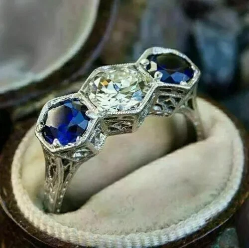 Art Deco Lab Created Diamond Sapphire Three-Stone 14K White Gold FN Wedding Ring