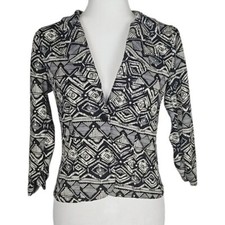 Cropped Blazer Ruched Sleeves Geometric Print, Black  Cream, Size S