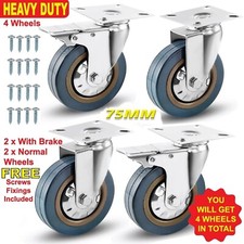4x Castor Wheels Large 75mm, 360KG Heavy Duty Rubber Swivel Furniture Casters