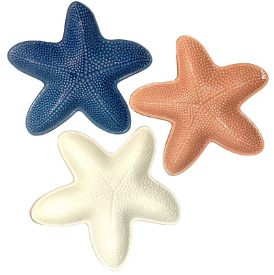 THE CELLAR STARFISH APPETIZER PLATE SET OF 3 BLUE PINK WHITE STONEWARE 8.39'' NEW