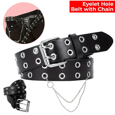 Damen Punk Ketten-Gürtel Verstellbar Mit Doppelreihe Ösen Leder Schnalle Schwarz - Bild 1 von 4