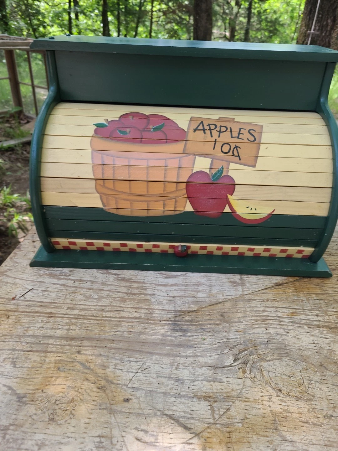 Vintage Wooden Roll Top Bread Box Apples Country Farmhouse Countertop