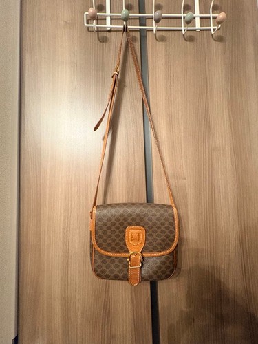 CELINE Macadam Logo Leather Shoulder Bag Brown Women's Pre-owned From Japan