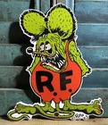 VINTAGE 1963 DATED RAT FINK 8” PORCELAIN SIGN ED ROTH GAS OIL DIE CUT