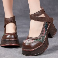 Thick Sole Mary Janes Womens Leather Round Toe Vintage Platform Pumps Shoes Hot