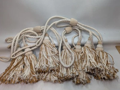 97 - Lot de 8 embrasses de rideaux à doubles pompons – Cordon écru et doré - Photo 1/4