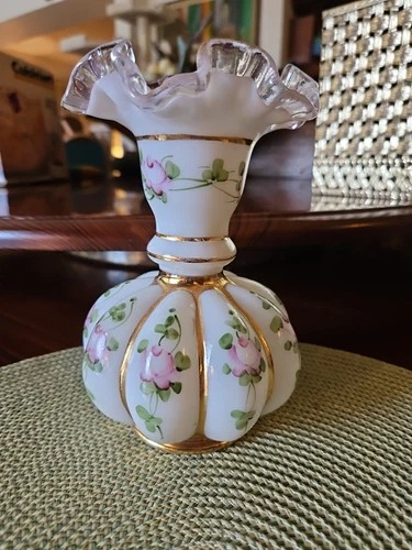 Vintage FENTON GLASS Melon Vase Charleton Pink Crest Hand Painted With Label