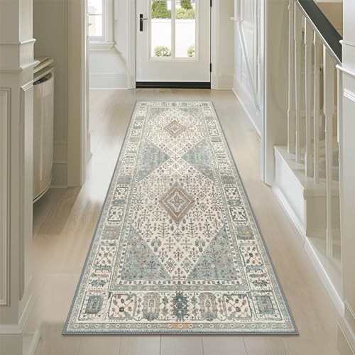 2x6 Hallway Runner Rug, Machine Washable Boho Vintage Runners Non 2X6 Green - Foto 2 di 6