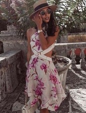 ZIMMERMANN- 2 (AU 12/US 8)-CORSAGE ORCHID FLORAL HALTER LINEN SILK MINI DRESS
