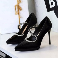 Decolte Eleganti Satin Nere Tacco A Spillo 10,5 Cm Con Strass Cerimonia CF43879