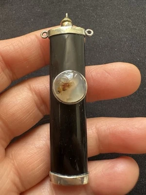 Vintage Unusual Agate On Onyx Mini Perfume Bottle Silver Pendant-Need Chain - Image 1 of 4