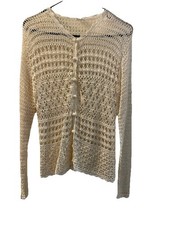 VTG Crochet Knit Cardigan Womens M Cream Boho Full Button Down