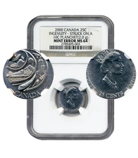 2000 Canada 25 Cents, MINT ERROR, Ingenuity, Struck on a 10c Planchet - NGC MS64