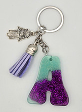 Letter A Resin Glitter Keychain Purple Teal Tassel Keyring