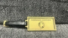 Gold American Express Vintage Luggage Tag Leather Strap Brass Buckle