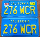 1988 CALIFORNIA PAIR LICENSE PLATES  # 276 WCR GOLD BLUE  EXCELLENT CONDITION
