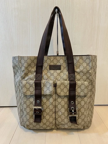 Authentique sac à main fourre tout GUCCI GG Supreme PVC cuir beige marron logo plaque