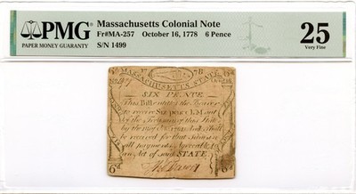 Massachusetts Colonial Note Fr#MA-257 October 16, 1778 6d PMG VF-25 *Paul Revere