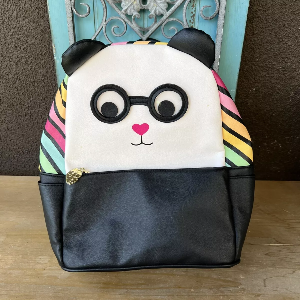 Luv Betsey Johnson Panda Face Googly Eye Backpack Rainbow Stripes