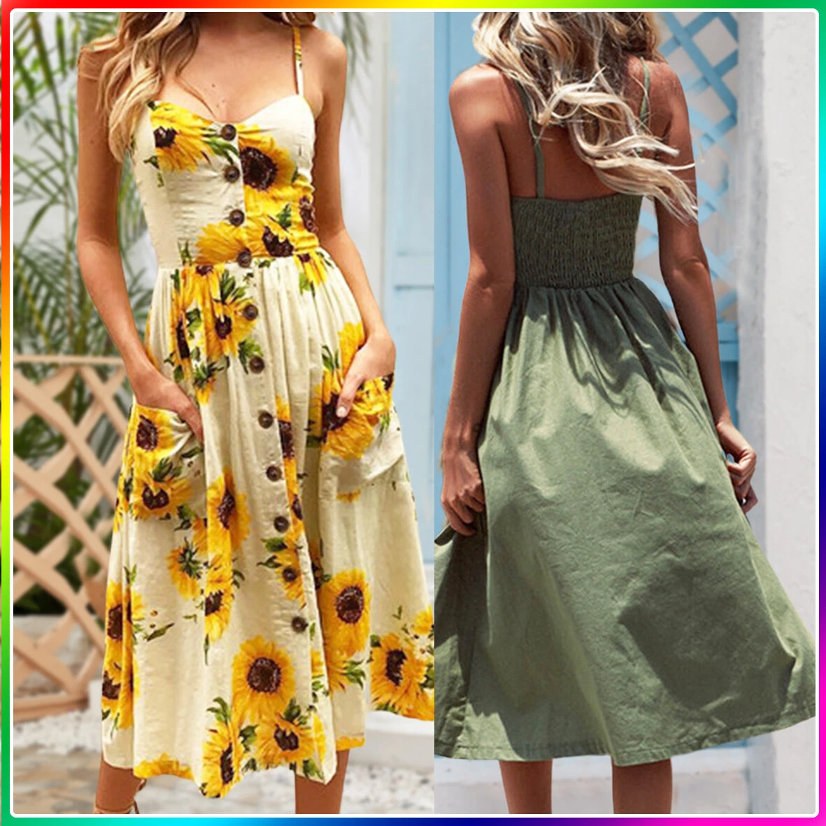BOHO Womens Strappy Sun Dresses Summer Beach Midi Dress Plus Size