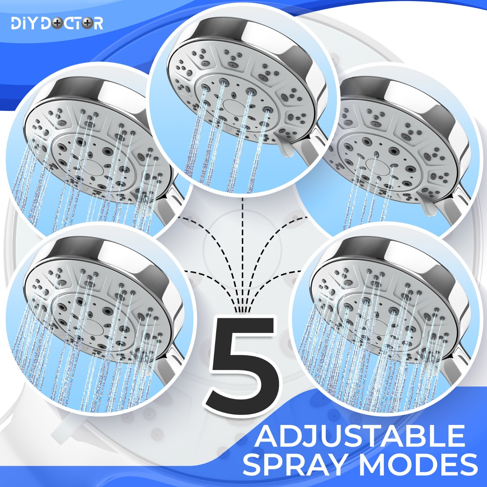 Universal Shower Head High Pressure Chrome 5 Mode Adjustable Water
