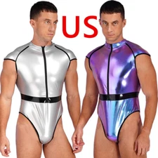 Men's Astronaut Costume Shiny Leotards Zipper Front Patent Leather Bodysuit