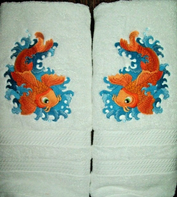 KOI FISH SWIM BATHROOM SET HAND TOWELS Beautiful eBay