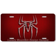 Bony Black Widow Spider Art on Red Hex FLAT Aluminum Novelty License Tag Plate
