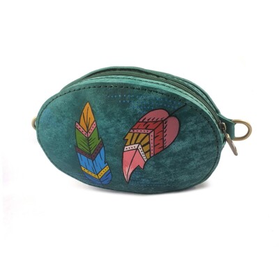 Damen Gürteltasche, Handgefertigt, Leder, Türkis, Feder-Design