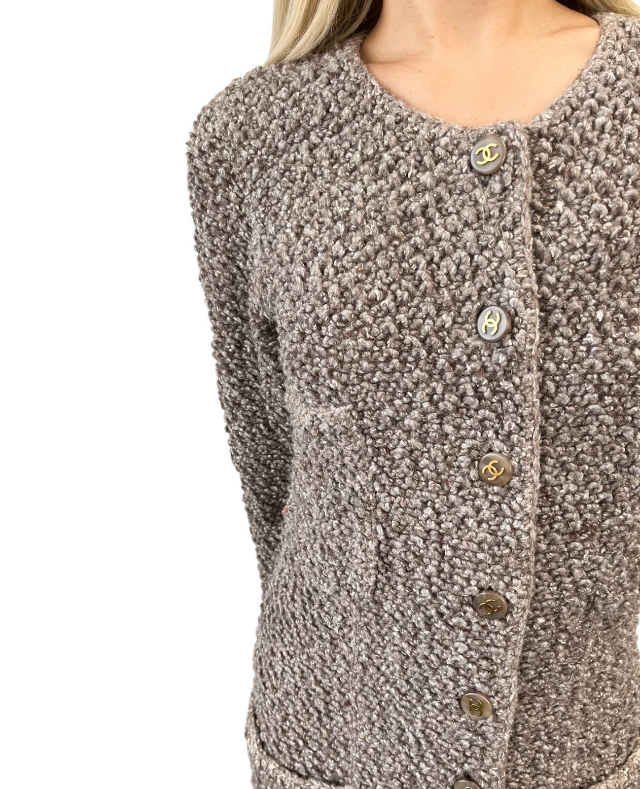 Cappotto lungo CHANEL vintage 93A CC Mark logo bottoni #38 tasca lana grigia