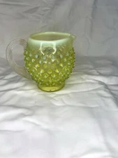 VINTAGE FENTON ART GLASS TOPAZ YELLOW OPALESCENT HOBNAIL SQUAT PITCHER 