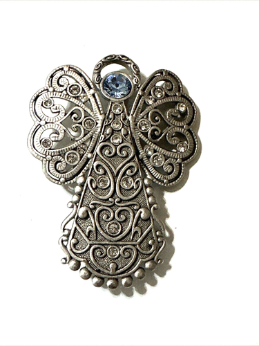 New PREMIER DESIGNS Angel Brooch Filigree Pewter Tone Blue Rhinestone NOS 2 1/4" - Picture 9 of 11